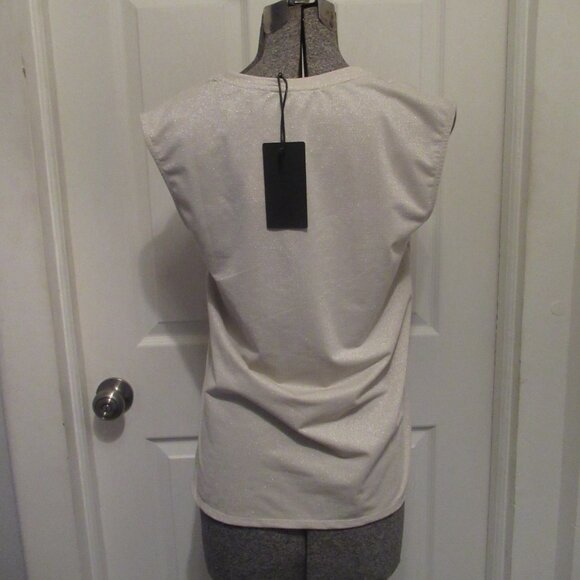 V Neck Shimmer Silver Beige 35" Tank Top Sleeveless Womens Tee Gibson Look New - Picture 2 of 15